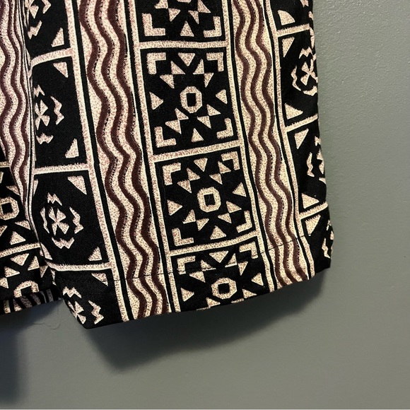 Vintage abstract vacation shorts elastic drawstring high waist black brown tan M - Picture 6 of 10
